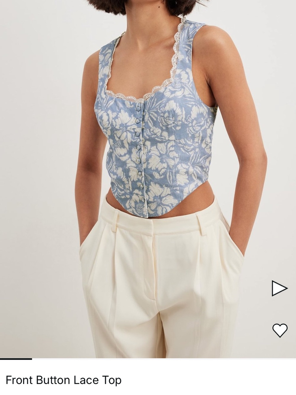 NA-KD Blue Floral Lace-Trim Crop Top
